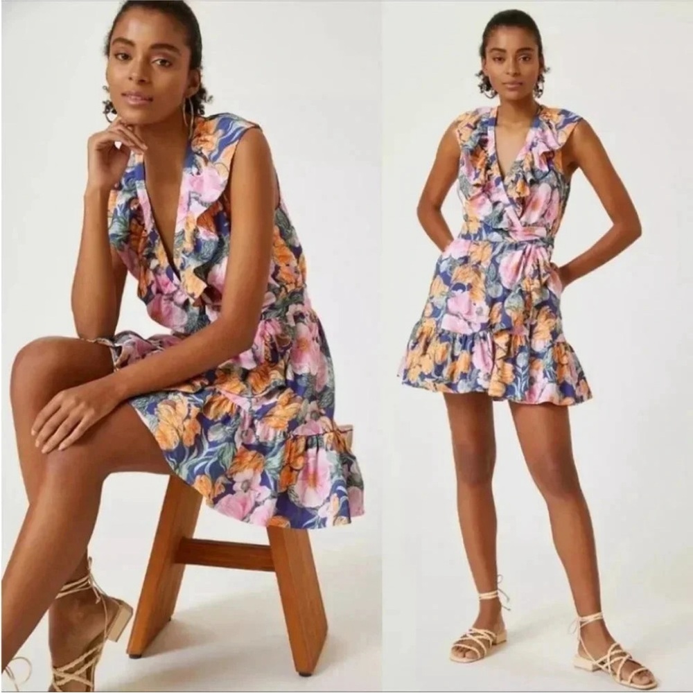 Anthropologie Cecilia Pettersson Floral Ruffle Wrap Mini Dress with tie